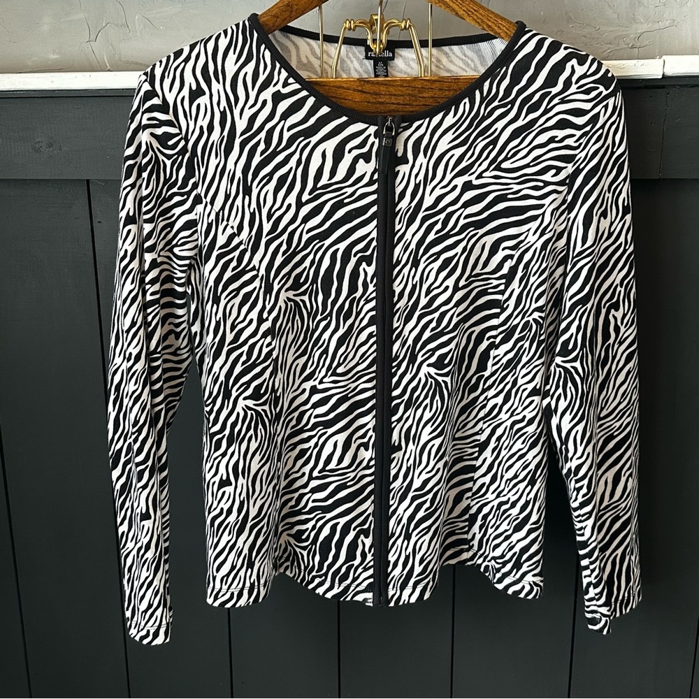RAFAELLA WOMEN BLACK WHITE ZEBRA JACKET TOP ZIP FRONT LONG‎ SLEEVE SZ L
